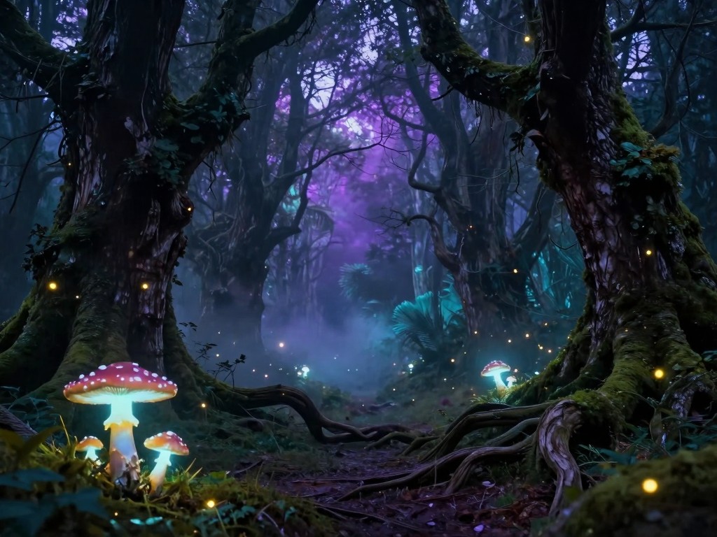 AI-generated magical enchanted forest with glowing mushrooms