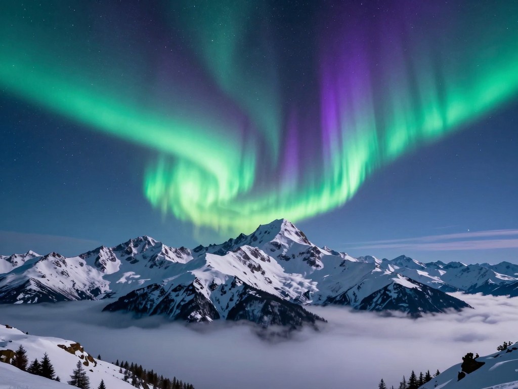 AI-generated mountain peaks with aurora borealis