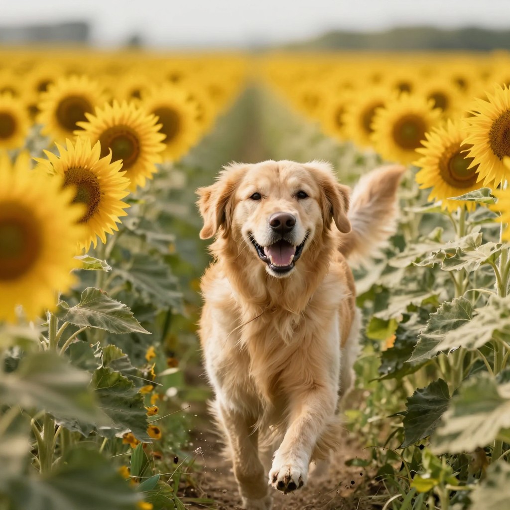 AI-generated golden retriever in a field of sunflowers