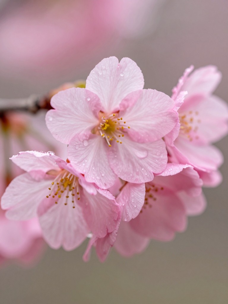 AI-generated macro photo of cherry blossom with water droplets